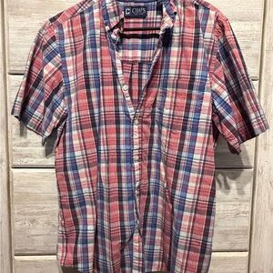 Chaps Men's Casual Red and Blue Plaid Shirt